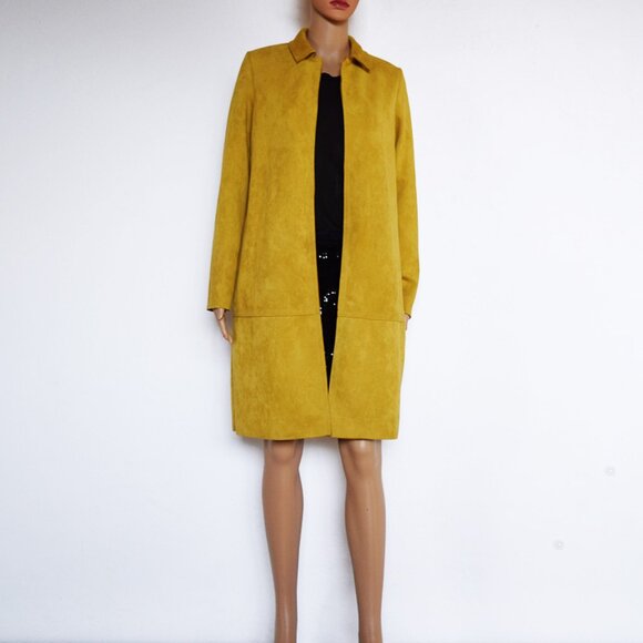 Philosophy Faux Suede Leather Mustard Open Front Coat with Pockets - Picture 3 of 14